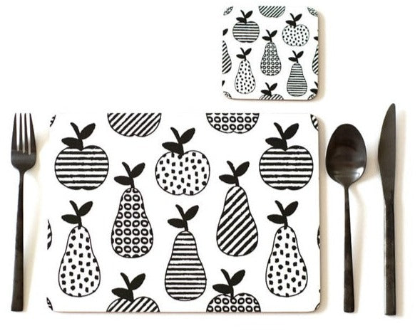 Apples & Pears Cork Backed Placemats Set of 4 | Black & White