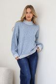 Harper Mock Turtle Neck Blanket Stitch Knit- Blue
