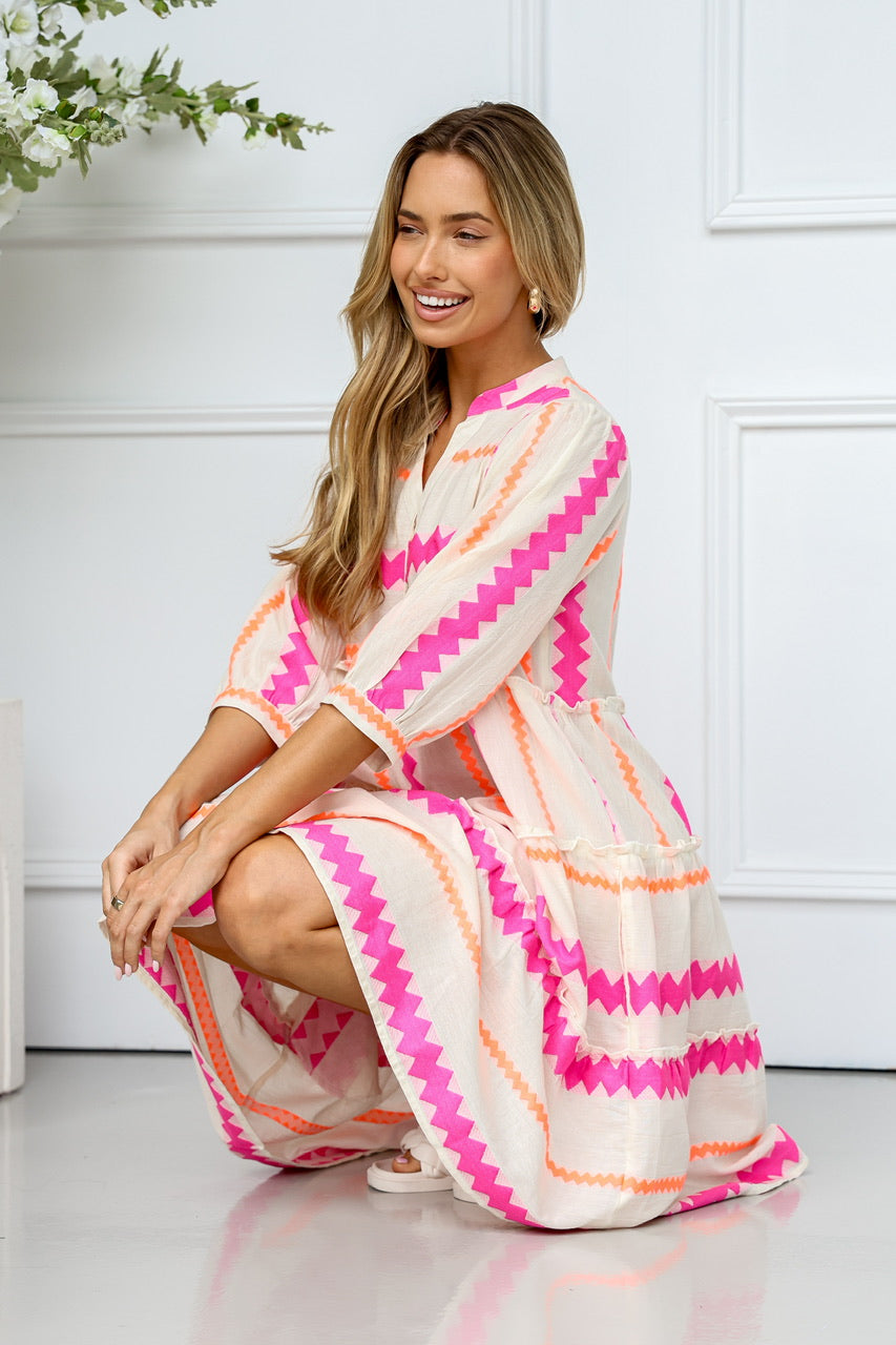 Mediterranean Boho Dress- Orange/Pink