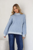 Harper Mock Turtle Neck Blanket Stitch Knit- Blue