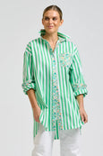 Nessa Boyfriend Shirt - Green Stripe With Floral Trim