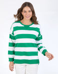 Billie Block Stripe Crew- Pine Green/ White