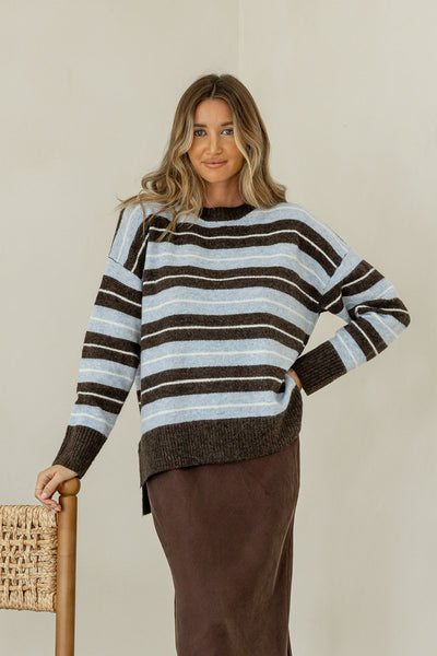 Bedford Stripe Knit- Chocolate/Blue