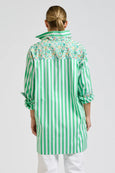Nessa Boyfriend Shirt - Green Stripe With Floral Trim