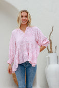 Gingham Tiered Shirred Cuff Top