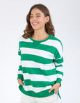 Billie Block Stripe Crew- Pine Green/ White