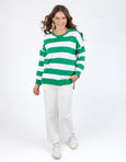 Billie Block Stripe Crew- Pine Green/ White