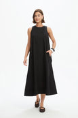 Elastic Detail A Line Dress- Black