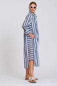 The Andrea Shirt Dress- Navy Wide Stripe