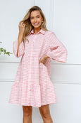 Sarah gingham tiered button dress-blush