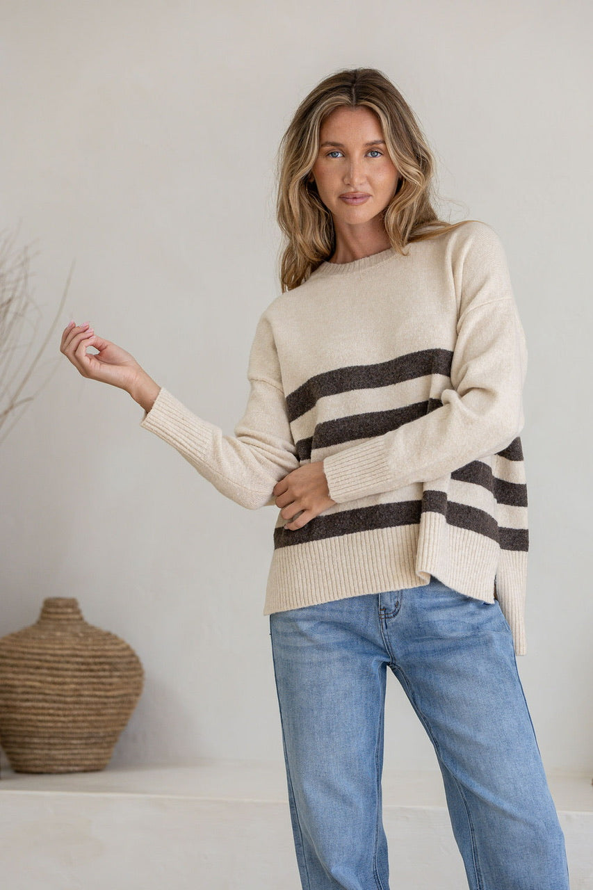 Manor Stripe Knit- Natural/Chocolate
