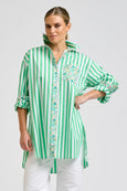 Nessa Boyfriend Shirt - Green Stripe With Floral Trim