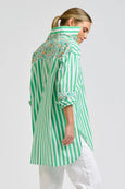 Nessa Boyfriend Shirt - Green Stripe With Floral Trim