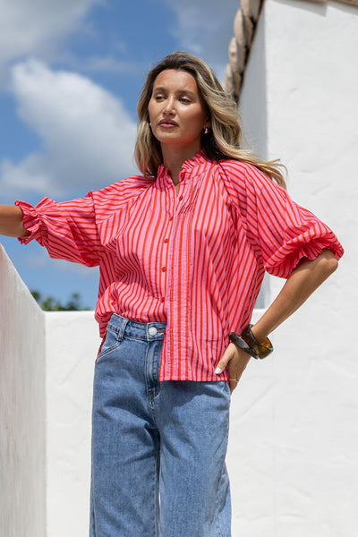 Charlie Puff Sleeve Top- Pink/Red Stripe