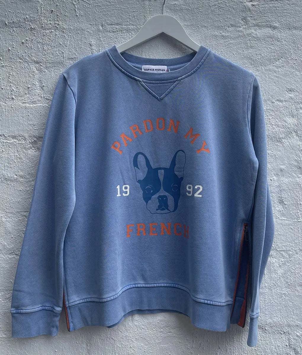 Pardon My French Zip Sweat- Blue/Orange