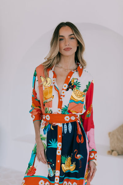 San Sebastian button tie shirt dress-
multi print