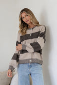 Maci Stripe Blanket Stitch Button Cardi-Chocolate/Beige