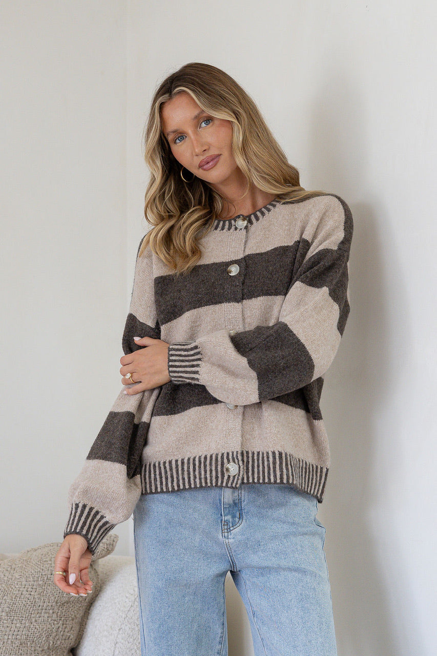 Maci Stripe Blanket Stitch Button Cardi-Chocolate/Beige
