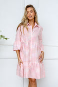 Sarah gingham tiered button dress-blush