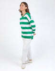 Billie Block Stripe Crew- Pine Green/ White