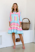 Mediterranean Boho Dress- Blue/Pink