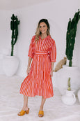 Racquet Club Stripe Midi Shirt Dress-Pink/Red