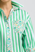Nessa Boyfriend Shirt - Green Stripe With Floral Trim
