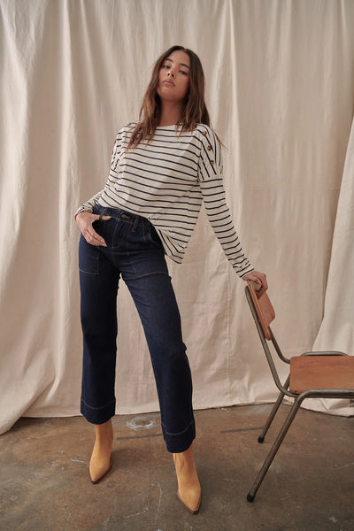 Juliette Top- White with Navy Stripe