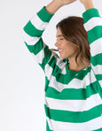 Billie Block Stripe Crew- Pine Green/ White