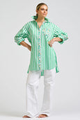 Nessa Boyfriend Shirt - Green Stripe With Floral Trim
