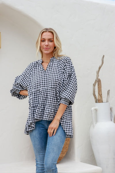 Gingham Tiered Shirred Cuff Top