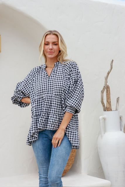 Gingham Tiered Shirred Cuff Top