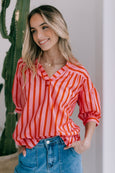 Racquet Club Stripe 3/4 Sleeve Top-
Pink/Red