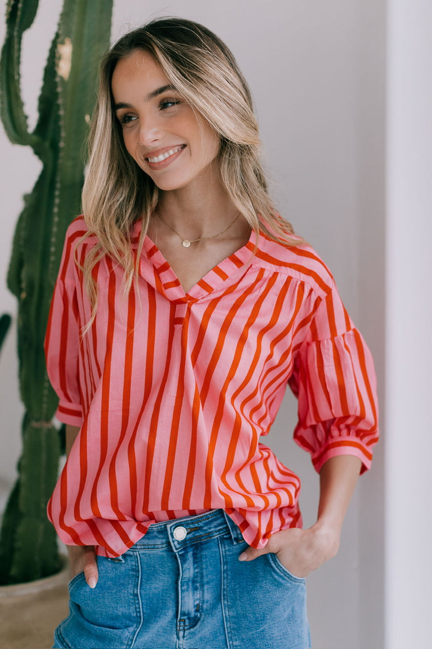 Racquet Club Stripe 3/4 Sleeve Top-
Pink/Red