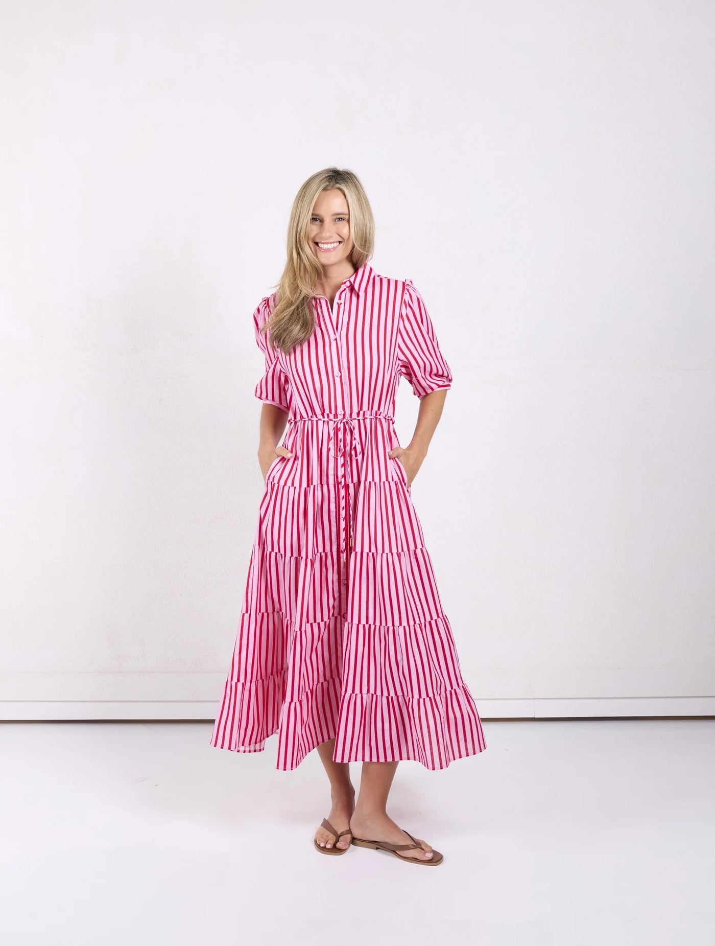 Jane Linen Dress- Pink/Red Stripe