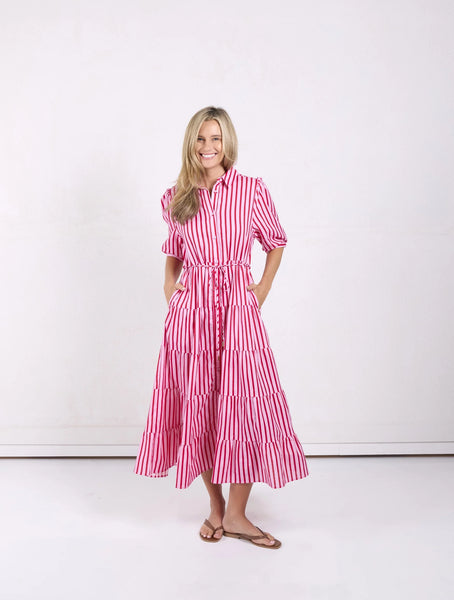 Jane Linen Dress- Pink/Red Stripe