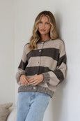 Maci Stripe Blanket Stitch Button Cardi-Chocolate/Beige