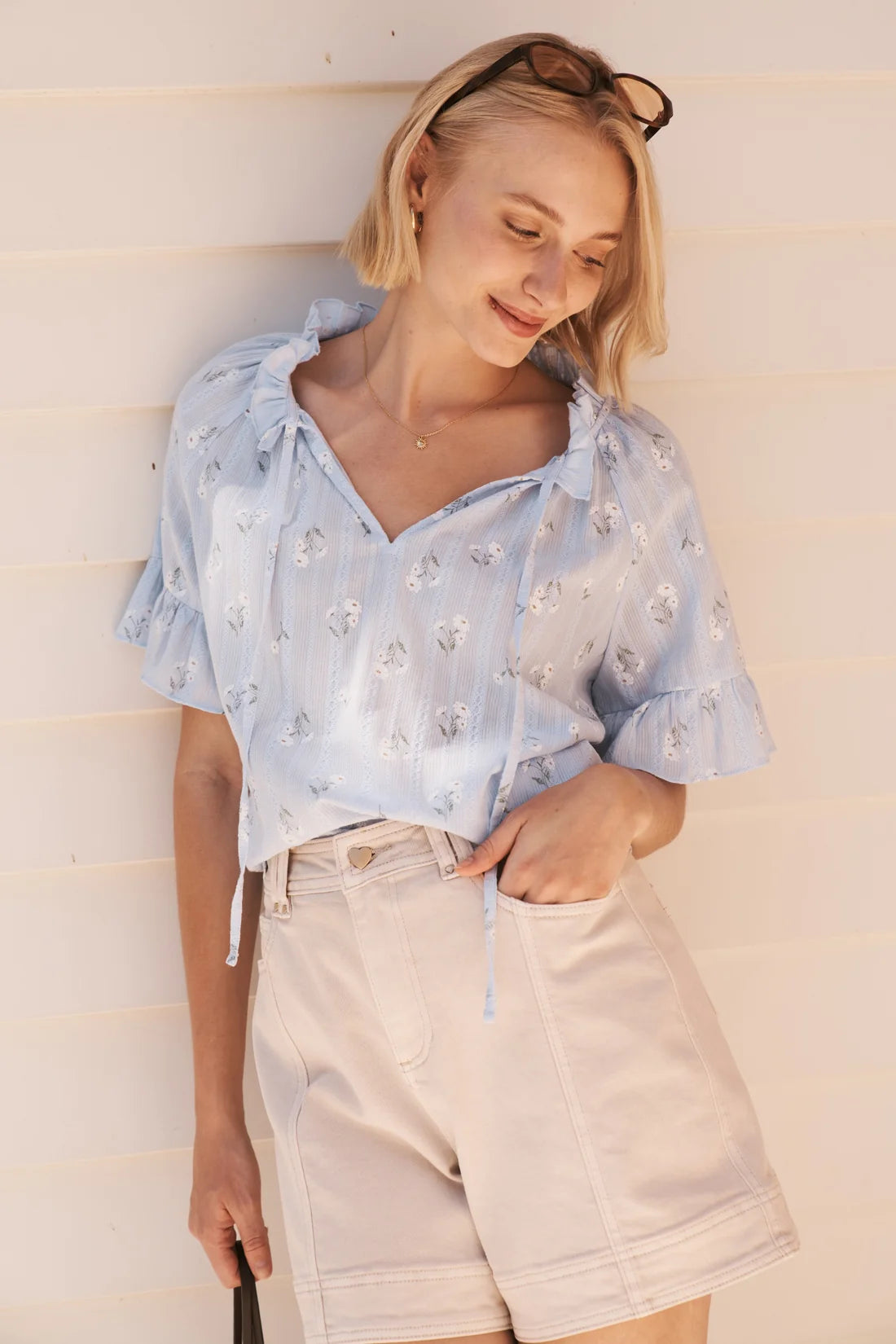 Patricia Shirt- Powder Blue w/White & Green Flower