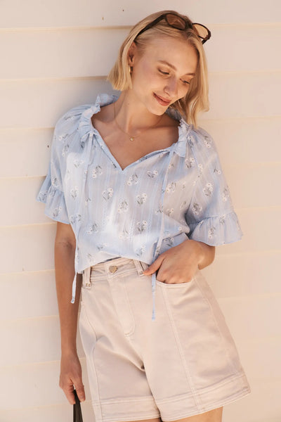 Patricia Shirt- Powder Blue w/White & Green Flower