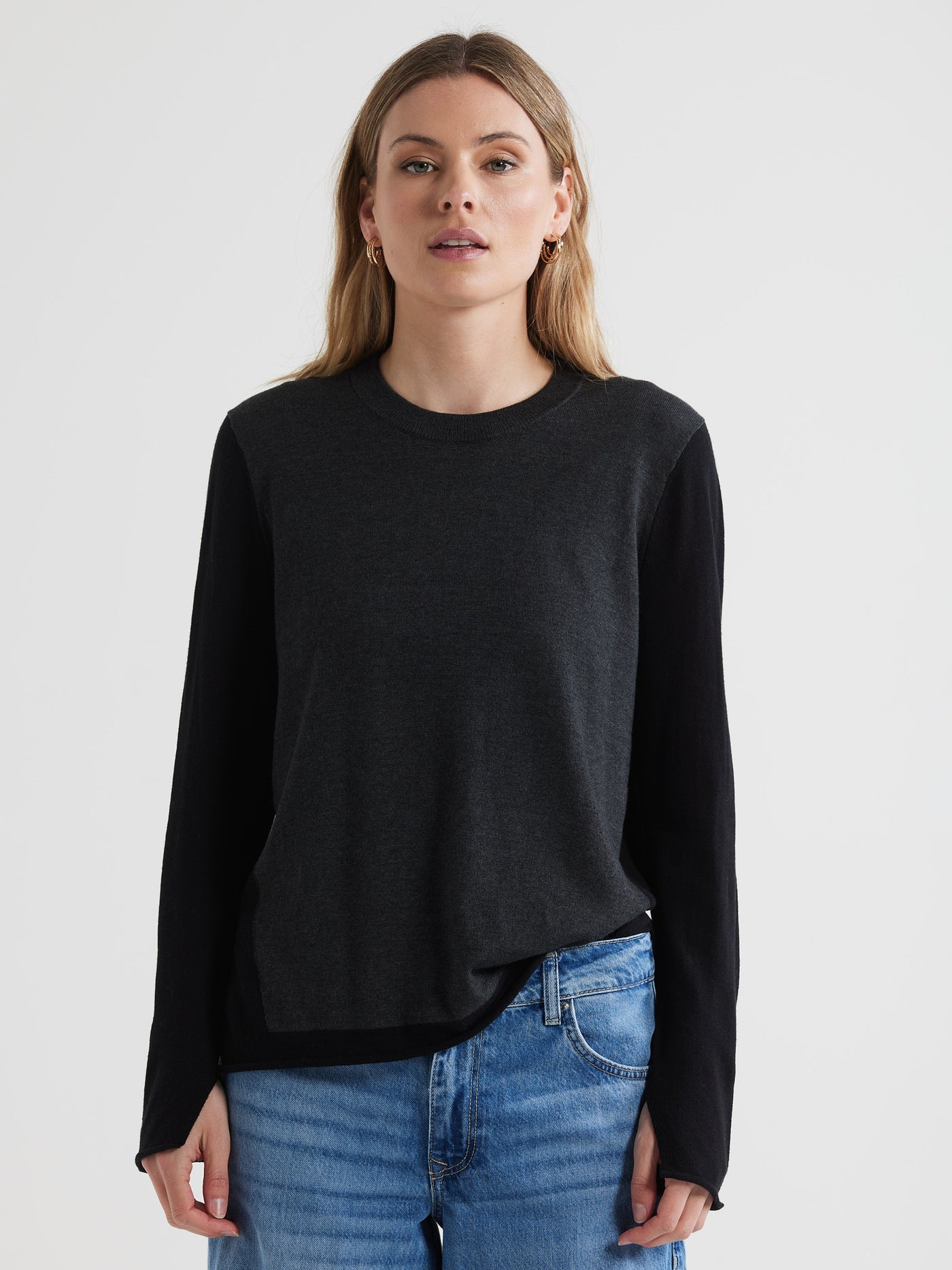 Intarsia Knit Crew- Charcoal