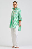 Nessa Boyfriend Shirt - Green Stripe With Floral Trim