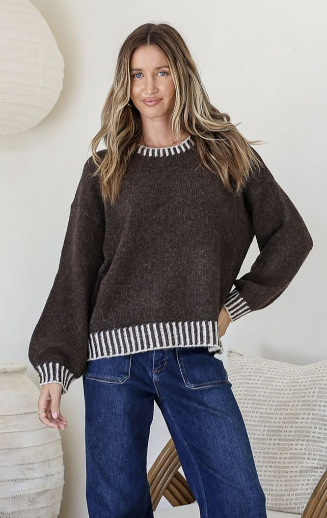 Crenshaw Blanket Stitch Knit-Choc/Ivory