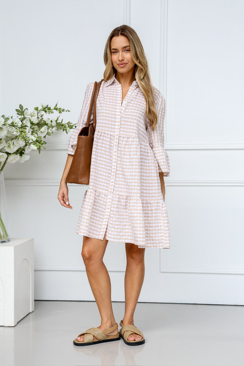 Sarah gingham button tiered dress- Latte