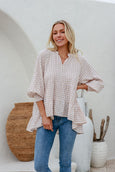 Gingham Tiered Shirred Cuff Top