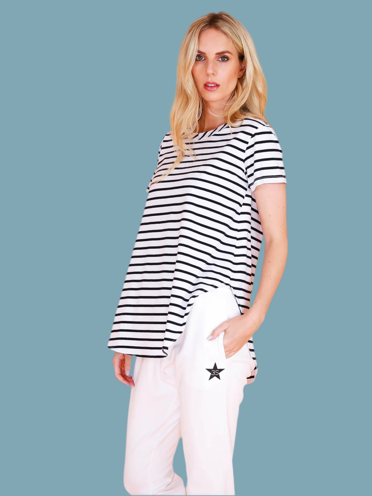 Elwood Curved Hem T Shirt- Nautic Stripe