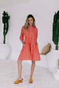 Racquet Club Stripe Tier Shirt Dress-Pink/Red