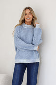 Harper Mock Turtle Neck Blanket Stitch Knit- Blue