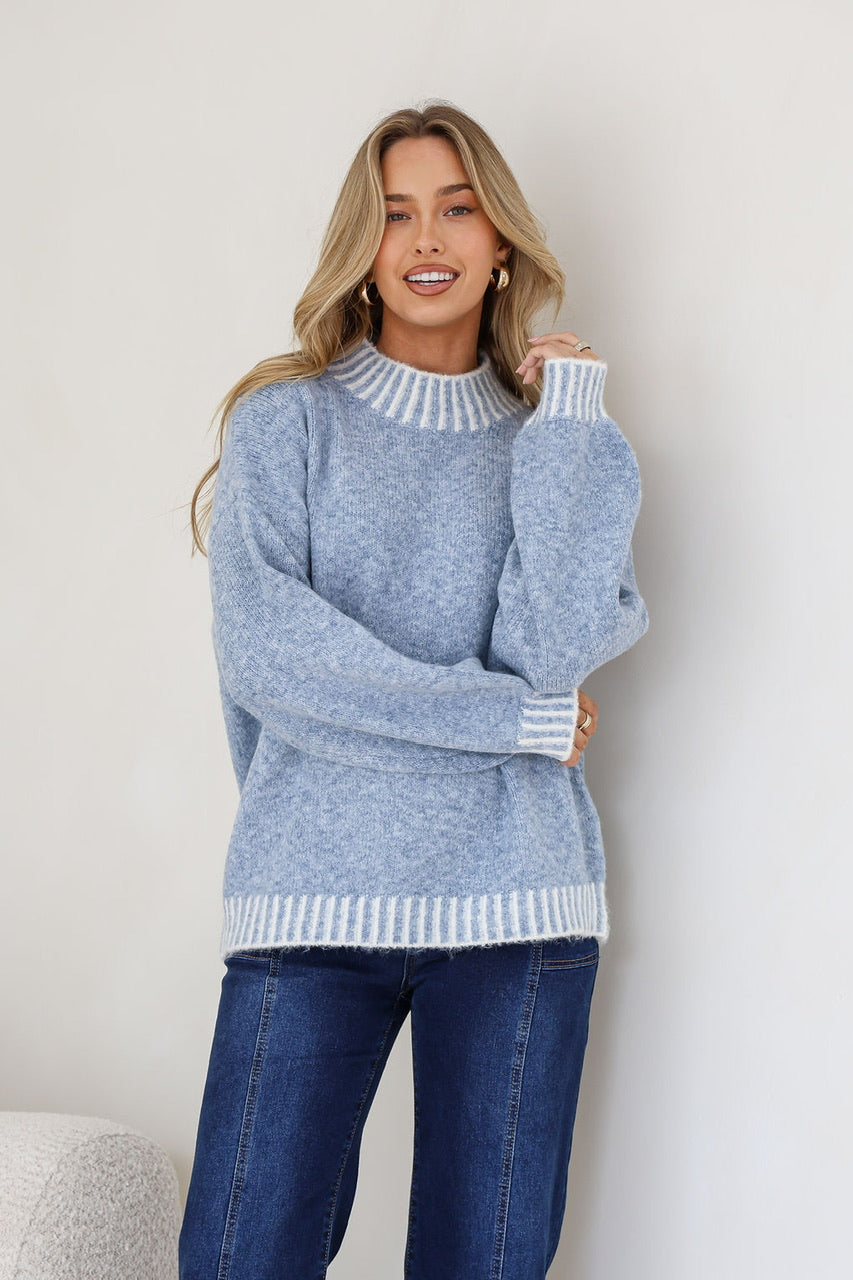 Harper Mock Turtle Neck Blanket Stitch Knit- Blue