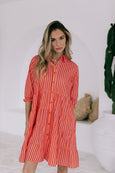 Racquet Club Stripe Tier Shirt Dress-Pink/Red