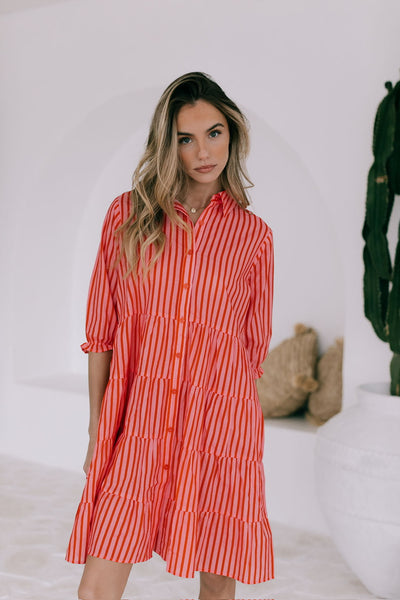 Racquet Club Stripe Tier Shirt Dress-Pink/Red